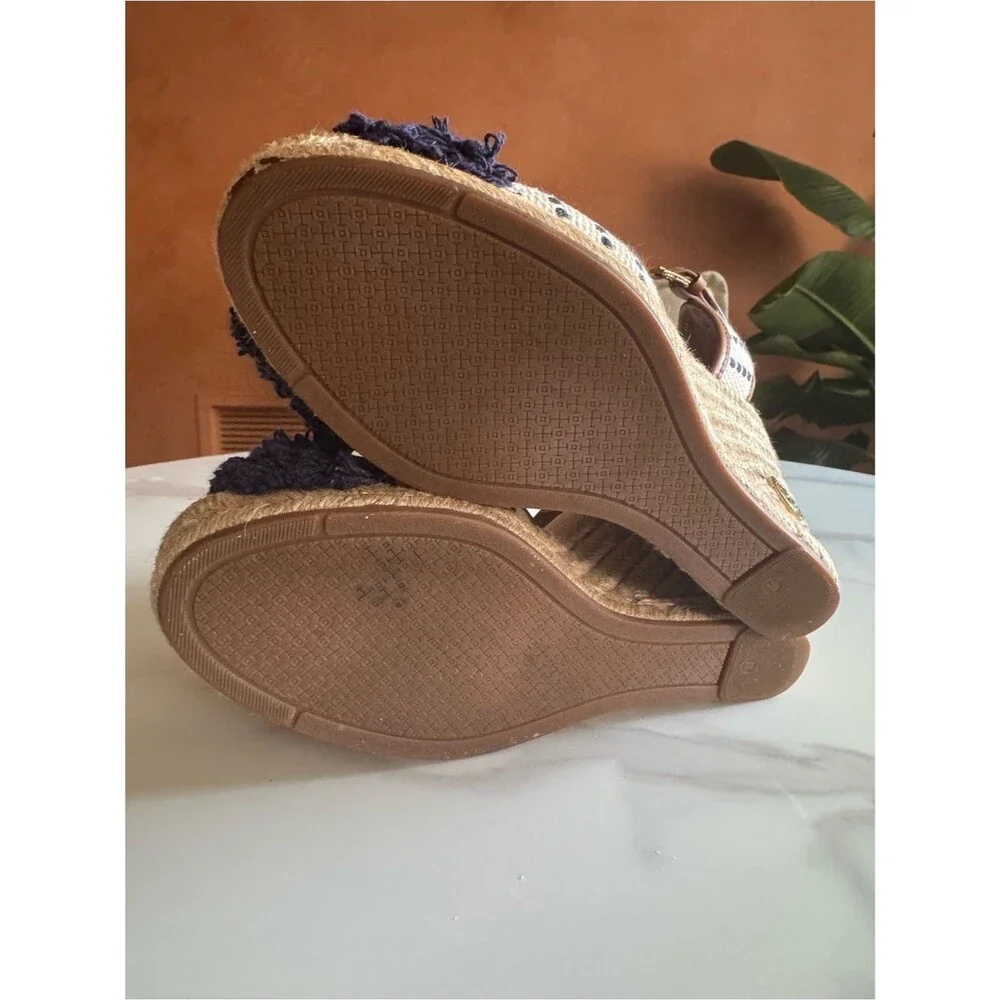 Tory Burch Navy Fringe Espadrille Wedge Sandals Coastal Resort 11